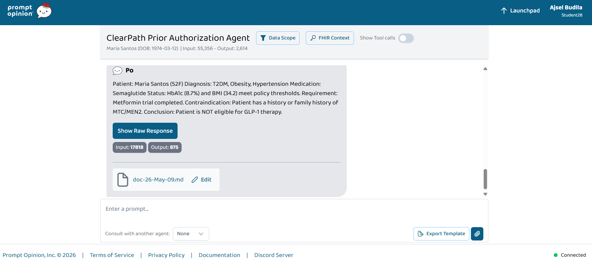 Prompt Opinion ClearPath agent screenshot